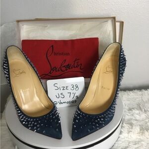 Christian Louboutin Follies Navy Suede Spike-Embellished Pointed Toe Pumps